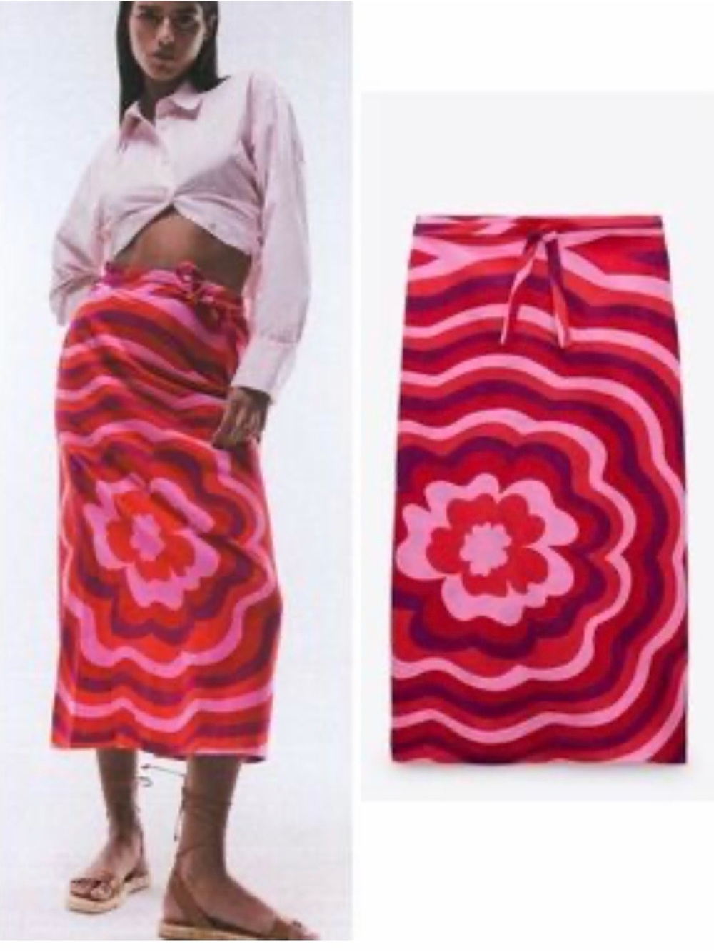 Zara Pink and Red Retro Wave Maxi Skirt
